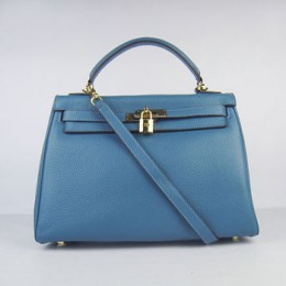 Hermes Kelly 32Cm Togo Leather Handbag Blue/Gold